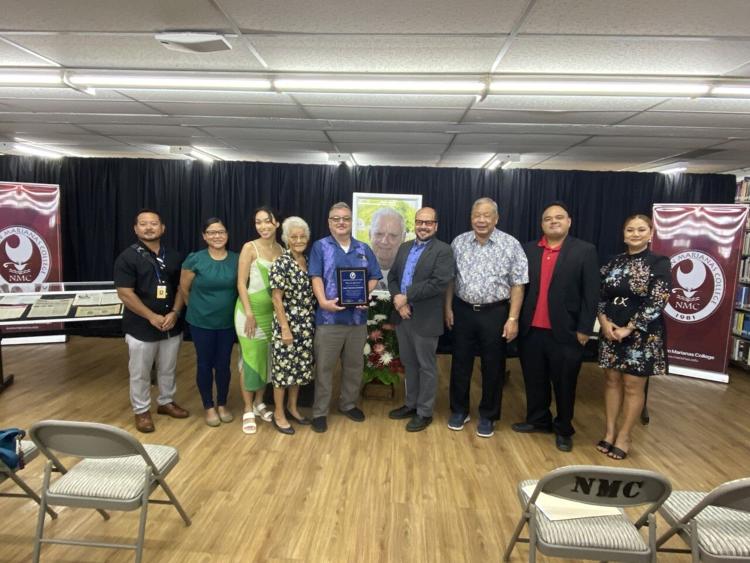 From left, House Vice Speaker Joel Camacho, Janice McPhetres, Jaiden Santos former Northern Marianas College President Agnes M. McPhetres, Samuel McPhetres Jr., NMC President Galvin Deleno Guerrero, Acting Gov. David M. Apatang, CNMI Archivist Raymond Muna  and Senate Floor Leader Corina Magofna.  Photo by Andrew Roberto